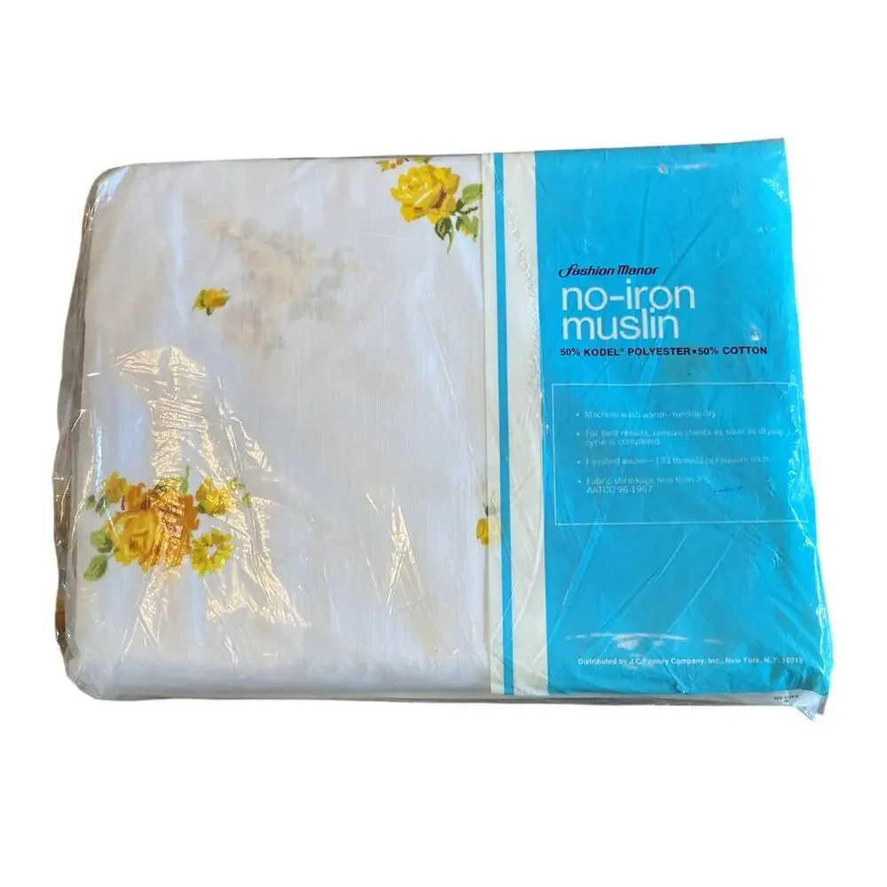 Vintage JC Penney Fashion Manor Muslin Yellow Floral Flat Sheet Full NOS NIP